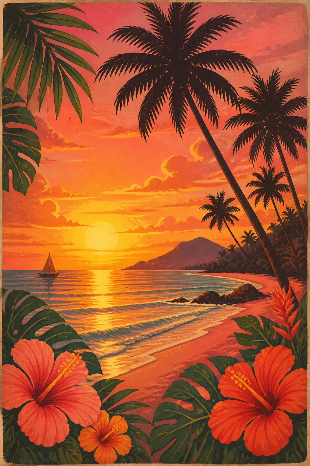 Atardecer tropical con palmeras sobre el mar