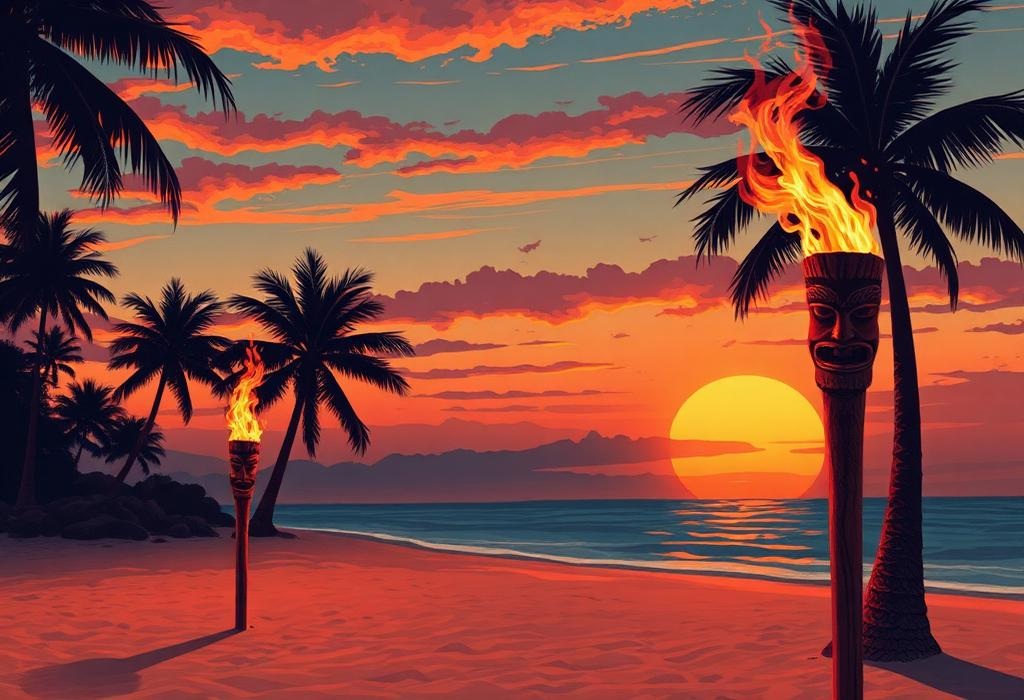 Antorchas tiki al atardecer en la playa